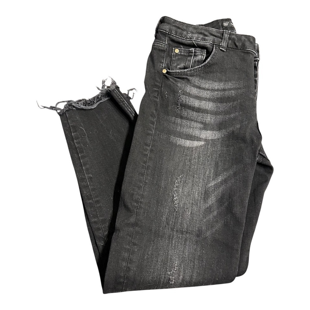 Zara Black Raw Edge Jeans with Beaded Floral Embroidery SZ 8 - Picture 2 of 5